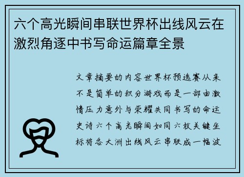 六个高光瞬间串联世界杯出线风云在激烈角逐中书写命运篇章全景